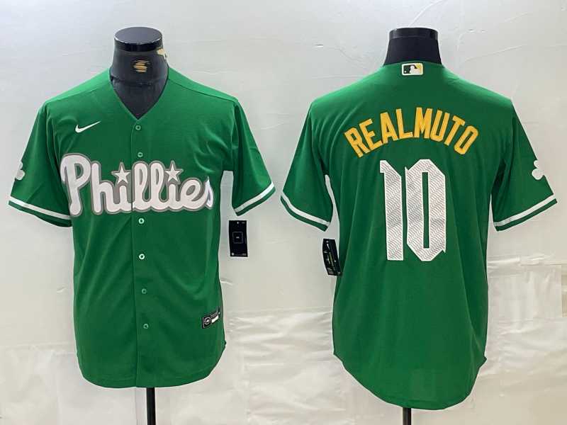 Mens Philadelphia Phillies #10 JT Realmuto Kelly Green Cool Base Jersey